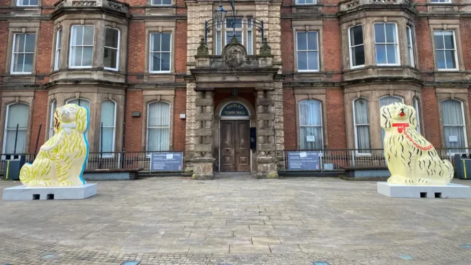 large pottery dogs outside Hanley Town Hall